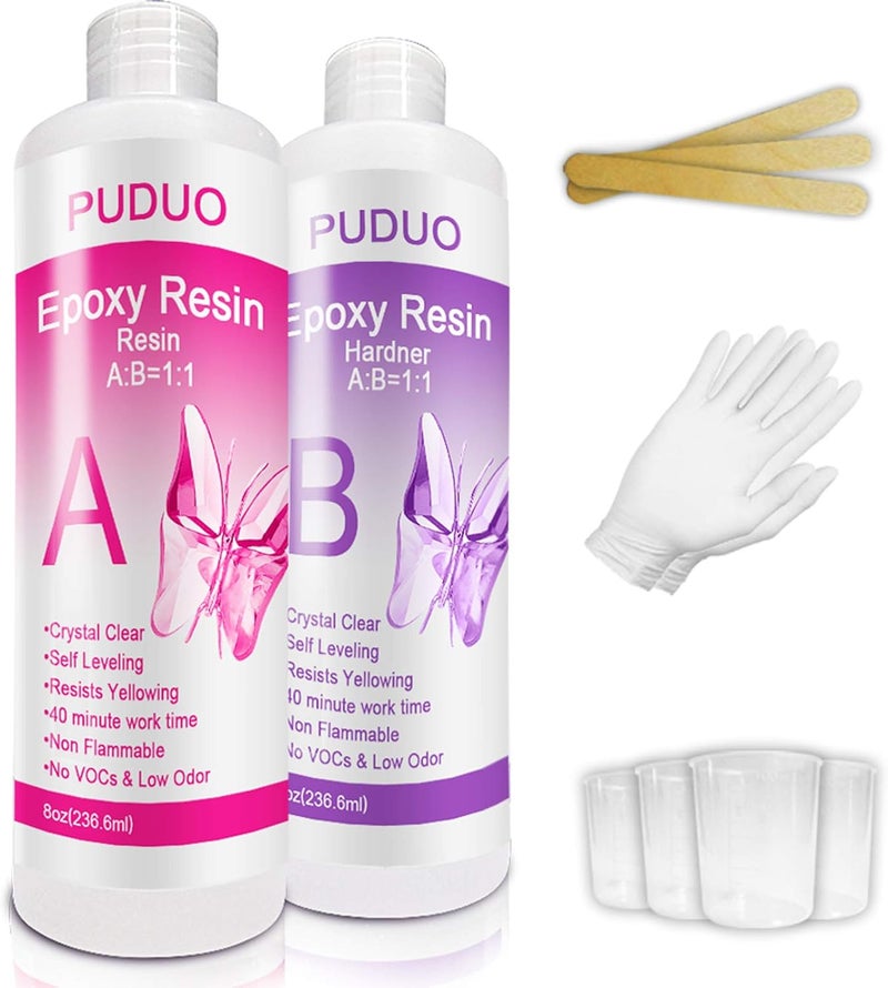 Puduo Epoxy Resin Crystal Clear Kit for Art, Jewelry, Crafts, Coating- 16 OZ Including 8OZ Resin and 8OZ Hardener | Bonus 4 pcs Measuring Cups, 3pcs Sticks, 1 Pair Rubber Gloves by - Image 1